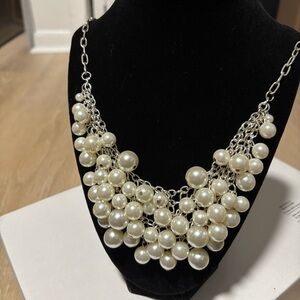 Vintage Layered Faux Pearl Bib Style Necklace Women’s Silver Pearls Statement